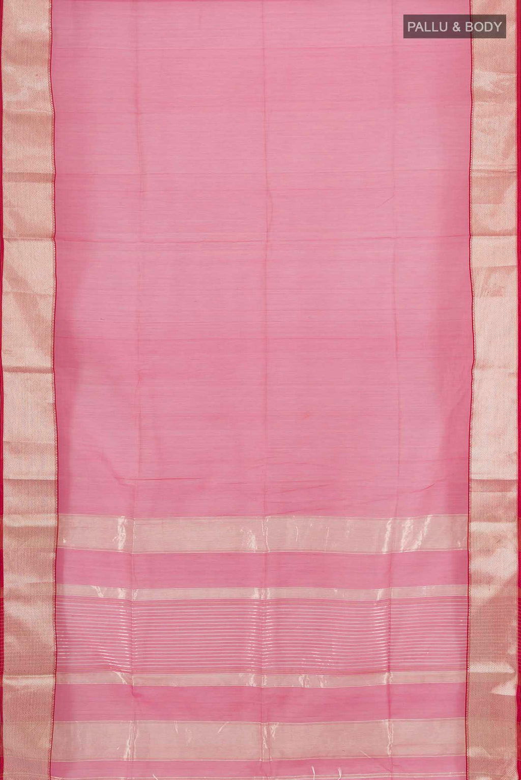 Flat view of Rose pink Maheshwari Silk Cotton Saree with Plain Body and Silk Border. 