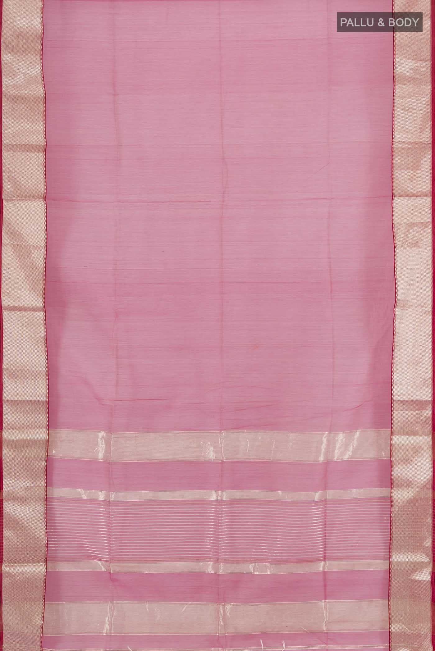 Flat view of Rose pink Maheshwari Silk Cotton Saree with Plain Body and Silk Border. 