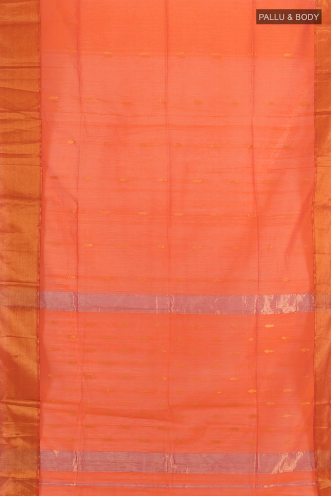 Flat view of Orange Maheshwari Silk Cotton Saree with Zari Butta on the body and Silk Border. 