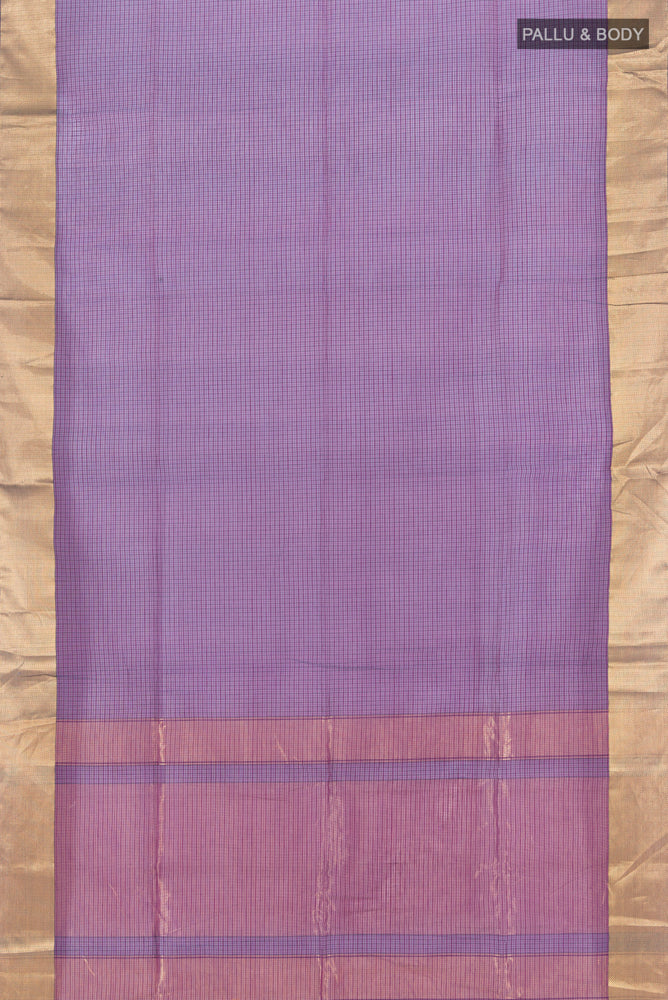 Flat view of Purple Maheshwari Silk Cotton Saree with Zari Butta on the body and Silk Border. 