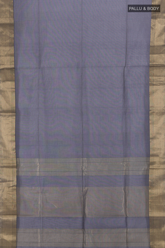 Flat view of Navy Blue Maheshwari Silk Cotton Saree with Zari Butta on the body and Silk Border. 