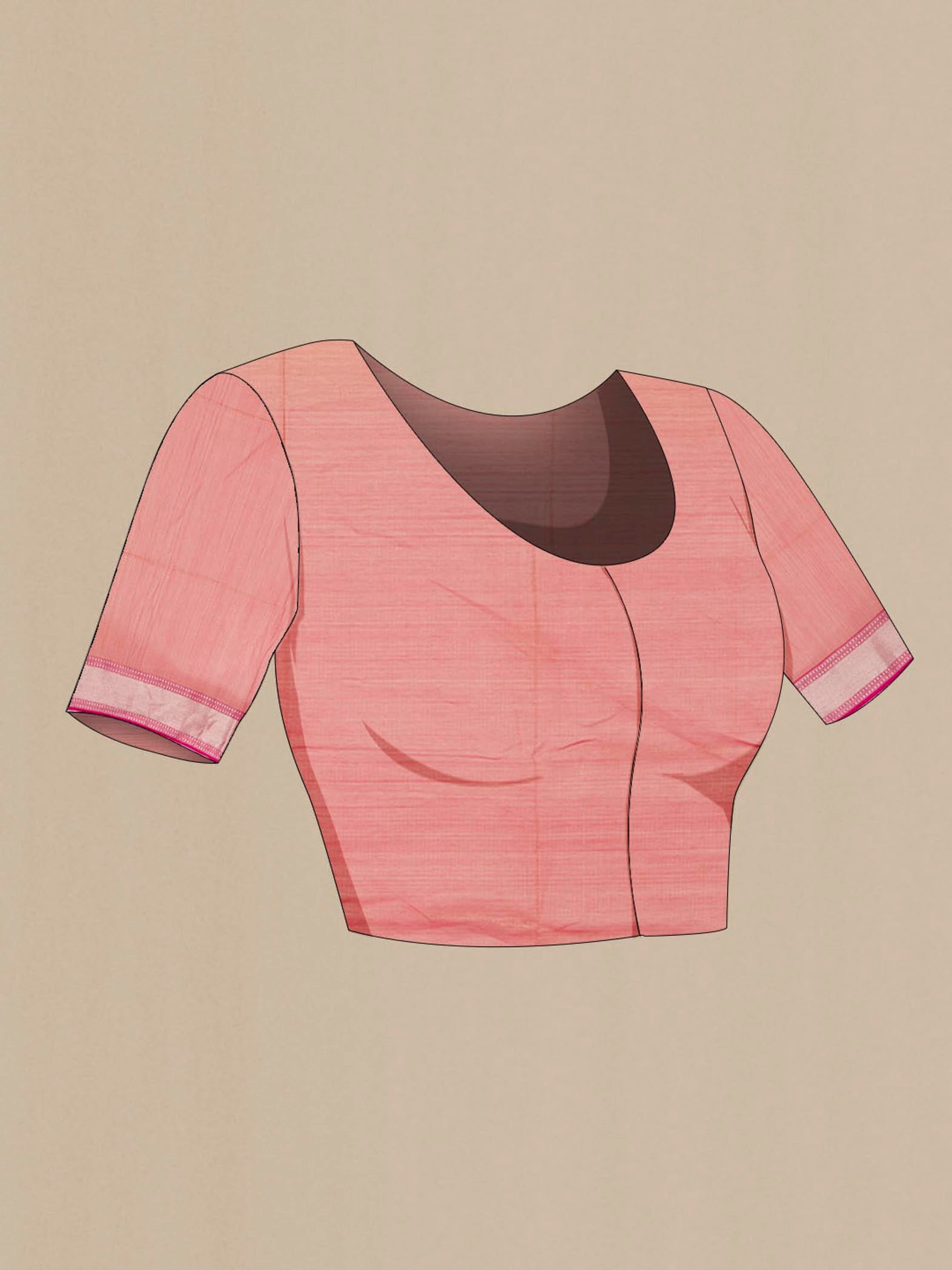 Close up image of the blouse of Mustard Maheshwari Silk Cotton Saree with Zari Butta on the body and Silk Border. 