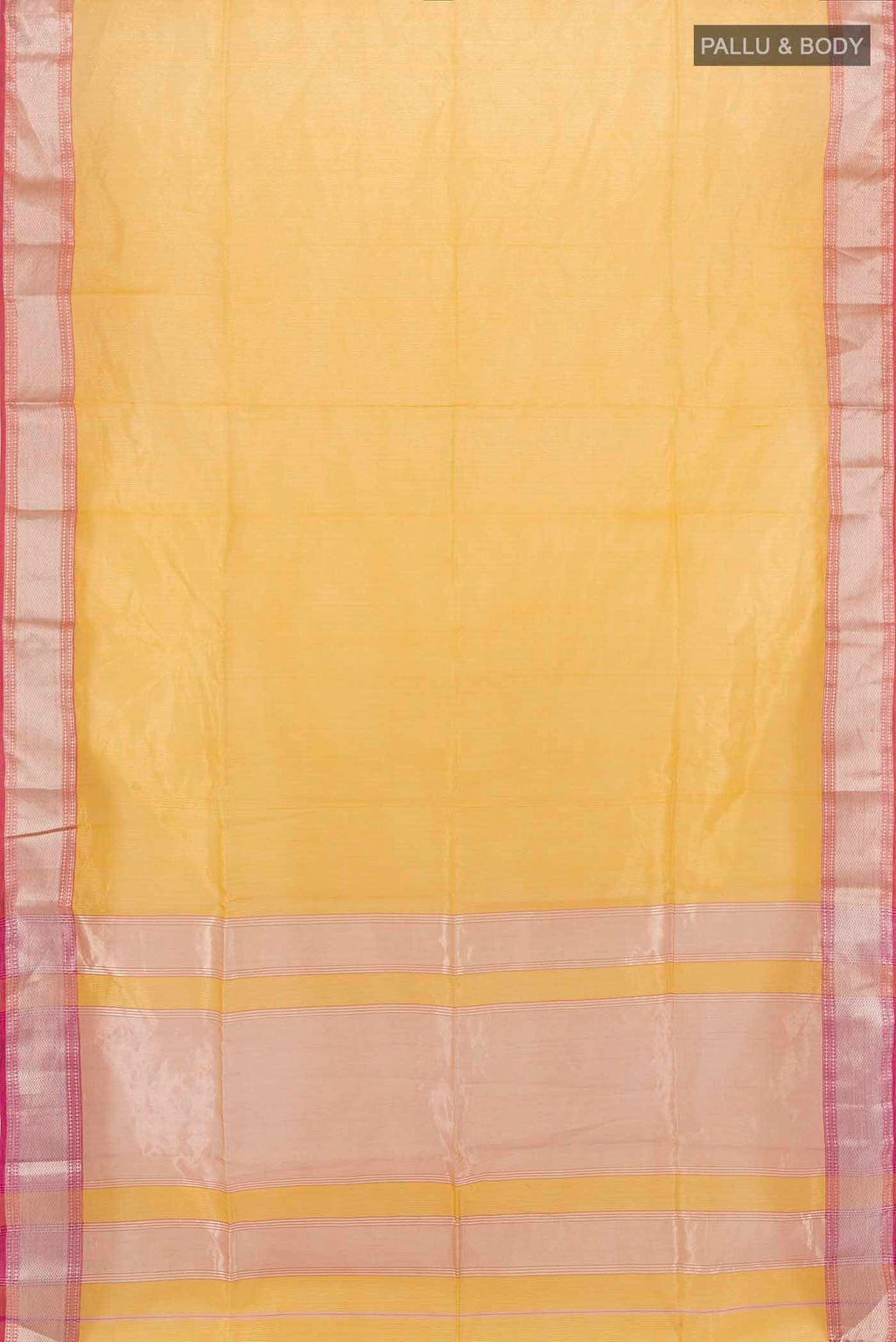 Flat view of Mustard Maheshwari Silk Cotton Saree with Zari Butta on the body and Silk Border. 