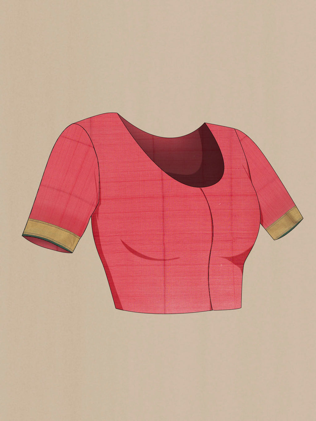 Close up image of the blouse of Red Maheshwari Silk Cotton Saree with Plain Body and Silk Border. 