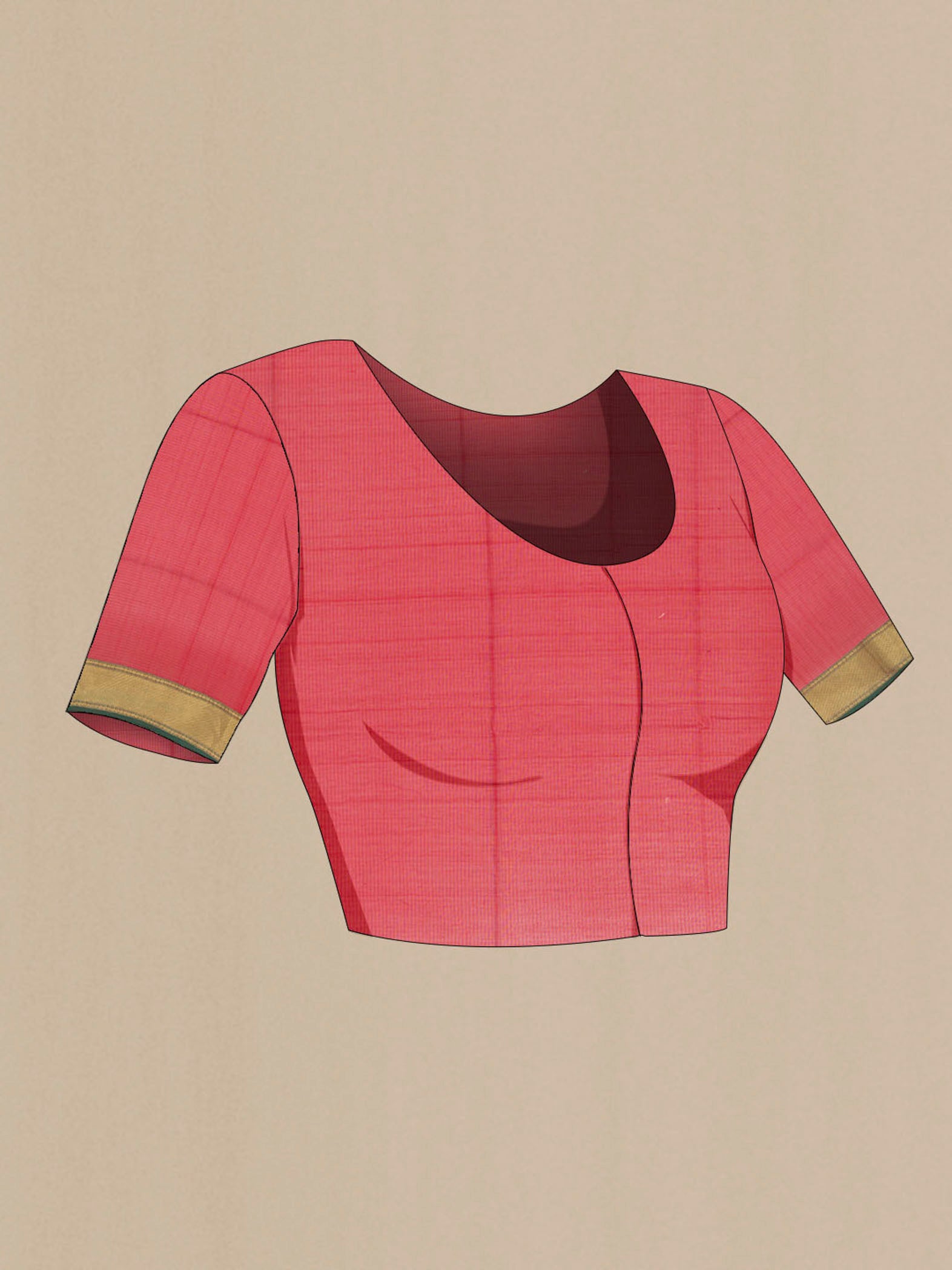 Close up image of the blouse of Red Maheshwari Silk Cotton Saree with Plain Body and Silk Border. 