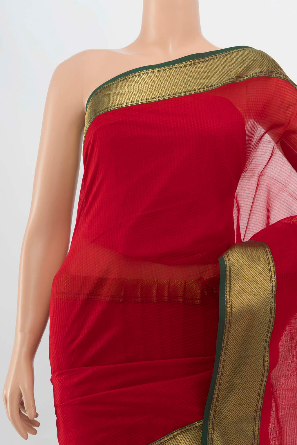 Border image of Red Maheshwari Silk Cotton Saree with Plain Body and Silk Border. 