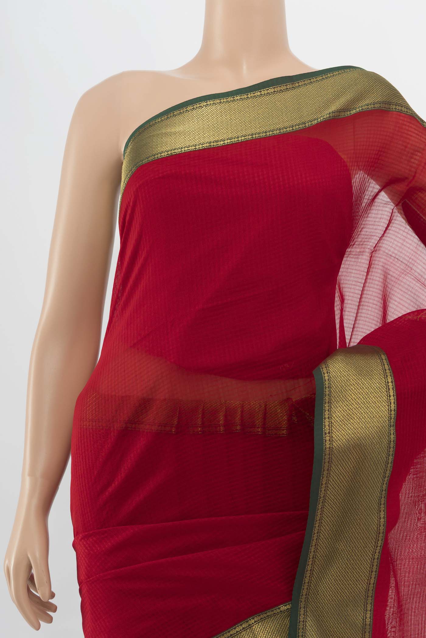 Border image of Red Maheshwari Silk Cotton Saree with Plain Body and Silk Border. 
