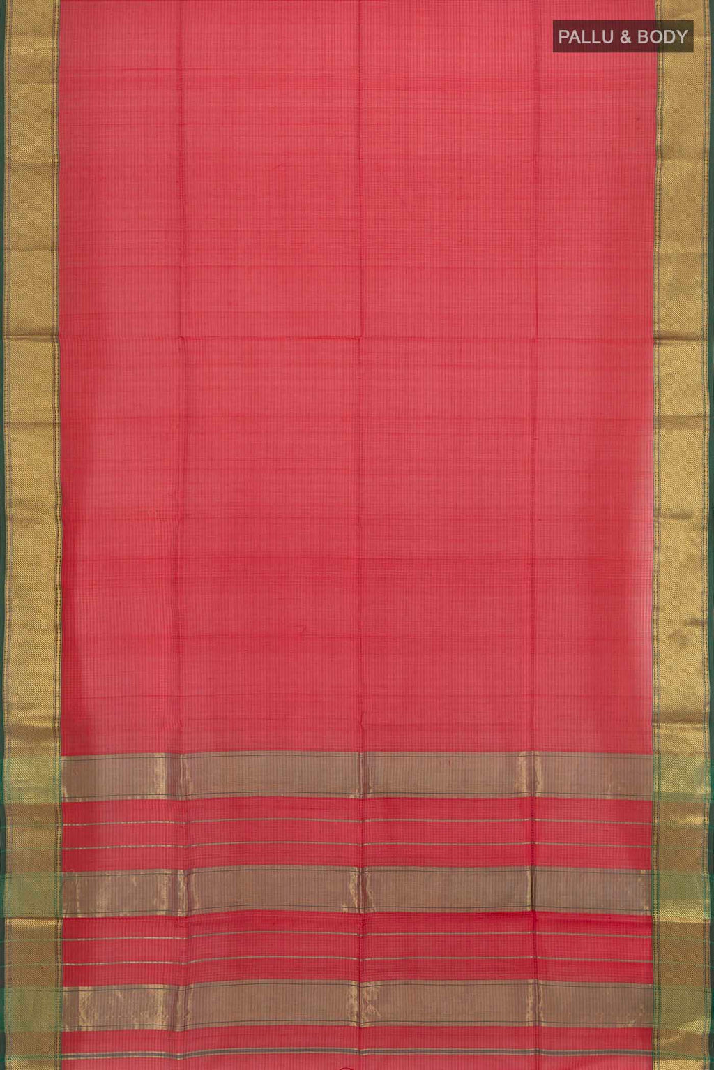 Flat view of Red Maheshwari Silk Cotton Saree with Plain Body and Silk Border. 