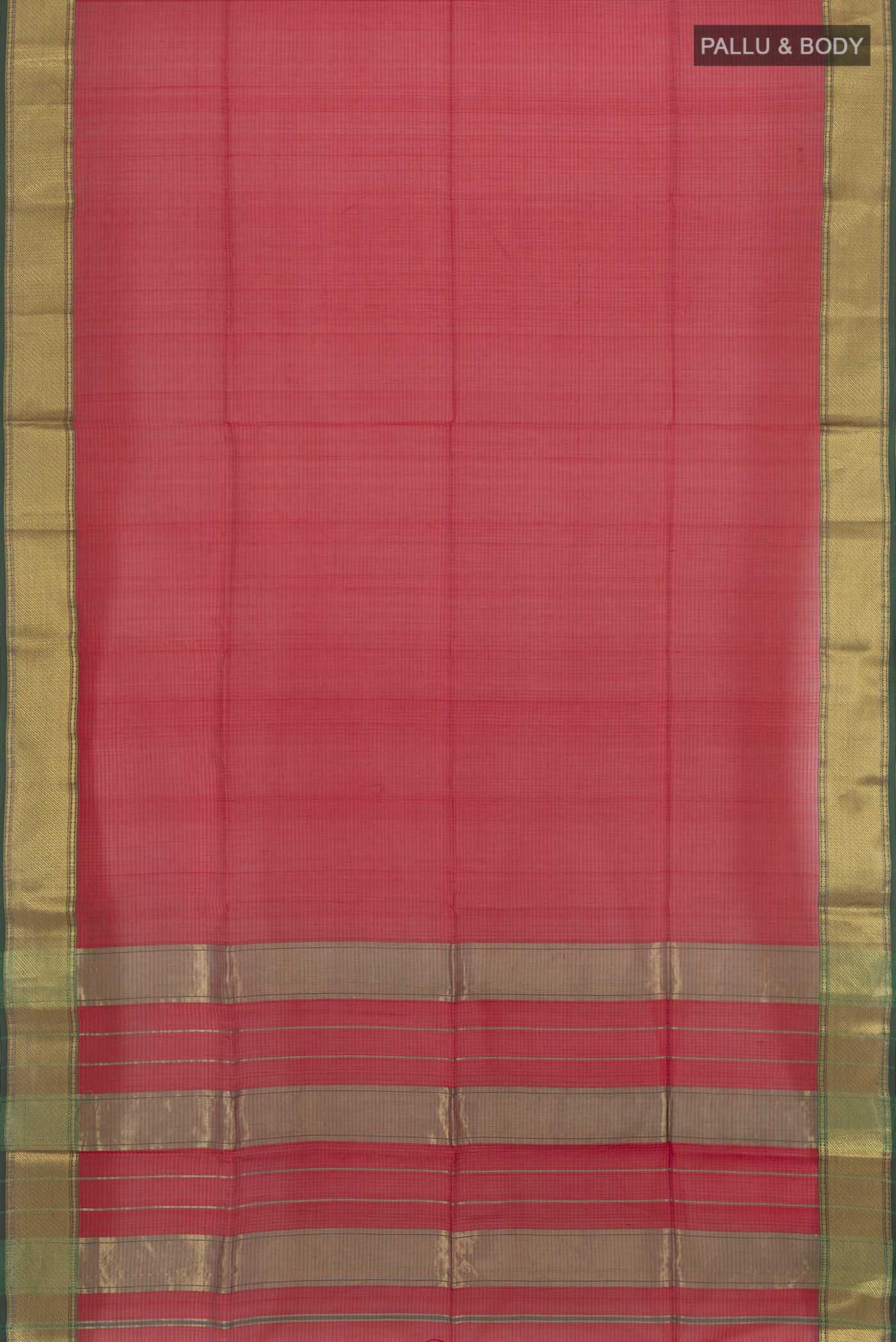 Flat view of Red Maheshwari Silk Cotton Saree with Plain Body and Silk Border. 