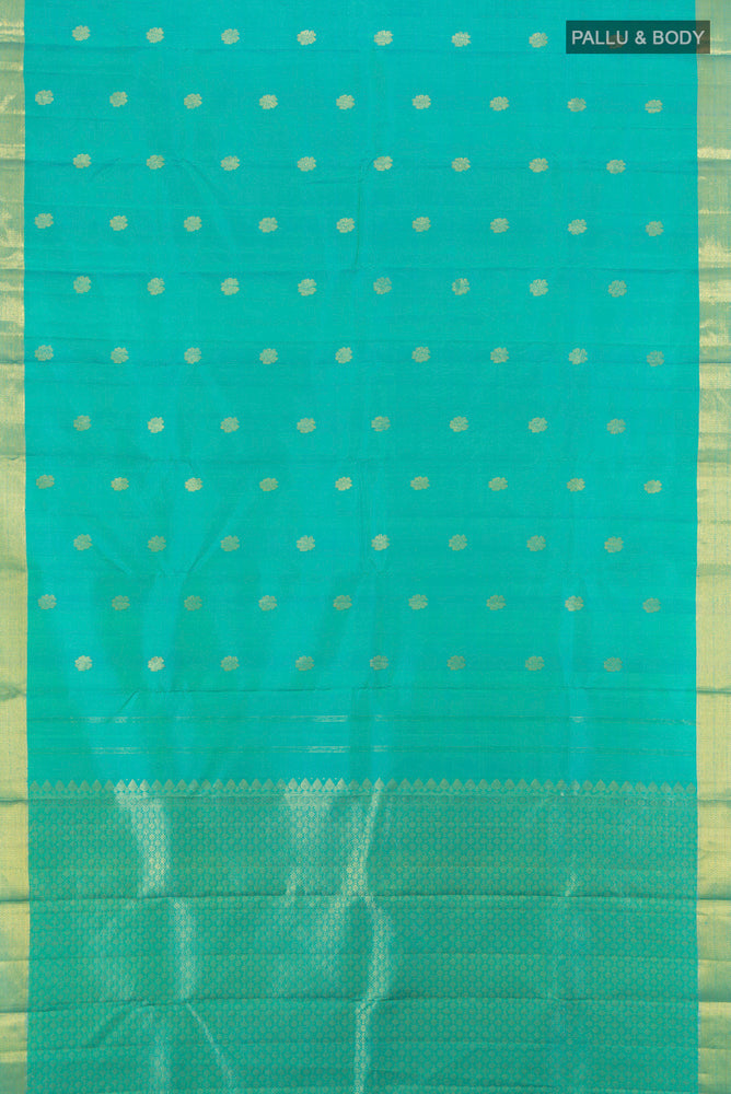 Flat view of Sky Blue Kanjivaram Silk Saree with Zari Brocade on the body and Silk Border. 