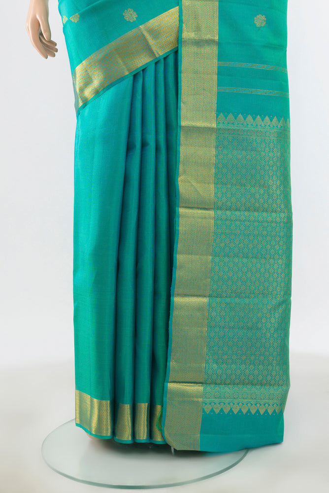 Pleats and pallu of Sky Blue Kanjivaram Silk Saree with Zari Brocade on the body and Silk Border. 