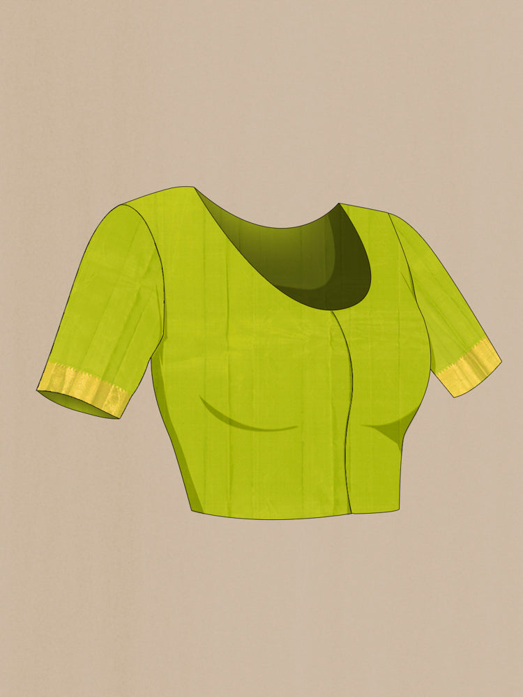 Close up image of the blouse of Pure Silk Pure Zari Parrot Green Kanjivaram Saree with Zari Butta on the body and Silk Border. 