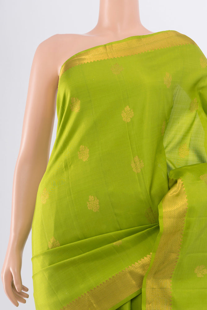 Border image of Pure Silk Pure Zari Parrot Green Kanjivaram Saree with Zari Butta on the body and Silk Border. 
