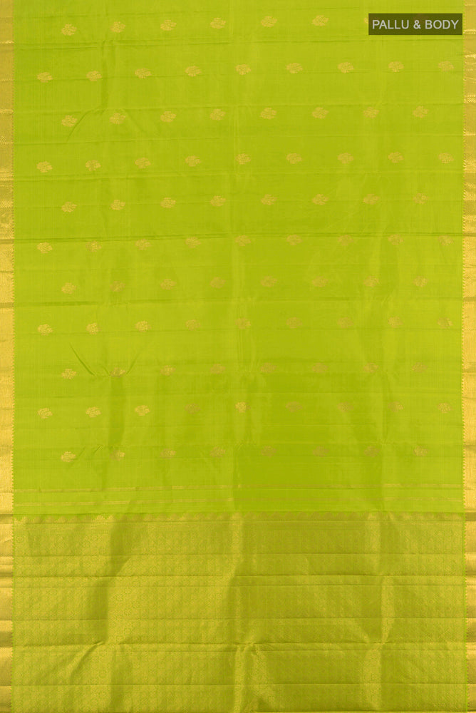 Flat view of Pure Silk Pure Zari Parrot Green Kanjivaram Saree with Zari Butta on the body and Silk Border. 