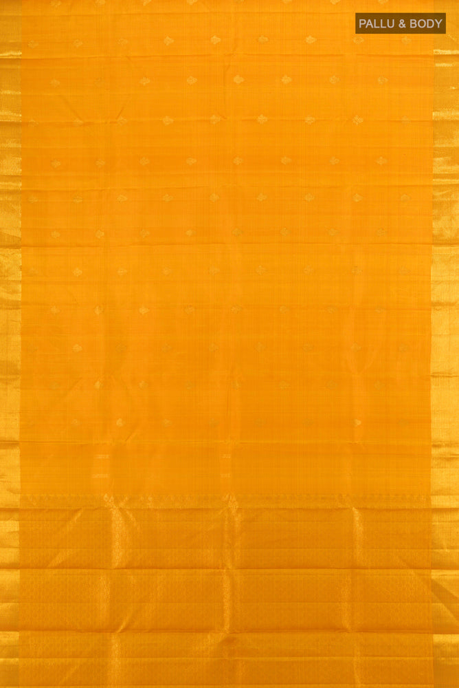 Flat view of Mustard Kanjivaram Silk Saree with Zari Butta on the body and Silk Border. 