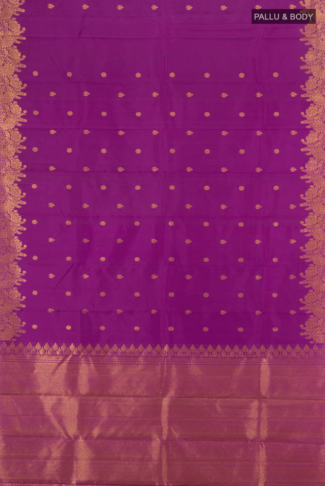 Flat view of Pure Silk Pure Zari Violet Kanjivaram Saree with Zari Butta on the body and Silk Border. 