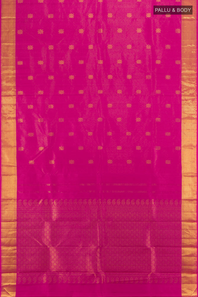 Flat view of Pure Silk Pure Zari Magenta Kanjivaram Saree with Zari Butta on the body and Silk Border. 
