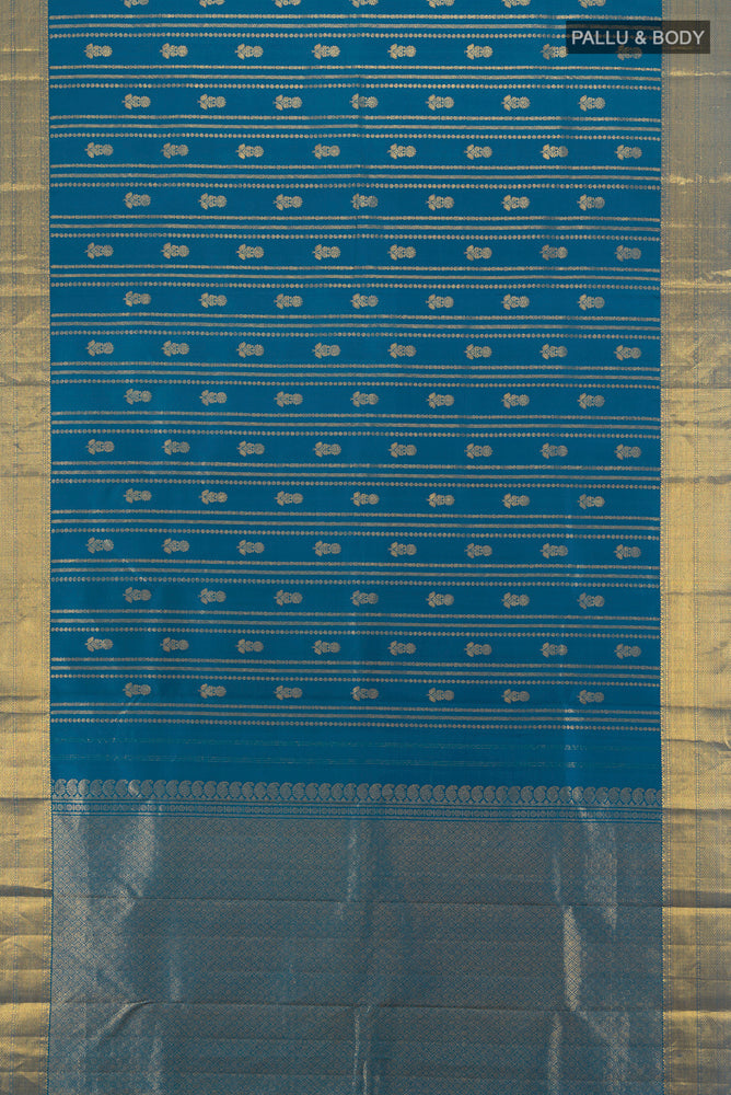 Flat view of Dark Blue Kanjivaram Silk Saree with Zari Butta on the body and Silk Border. 