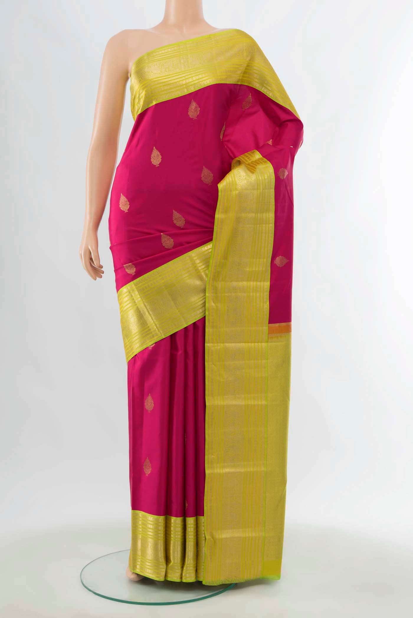 Dark Pink Kanchipuram Silk Saree with Zari Butta on the body and Silk Border displayed on a mannequin