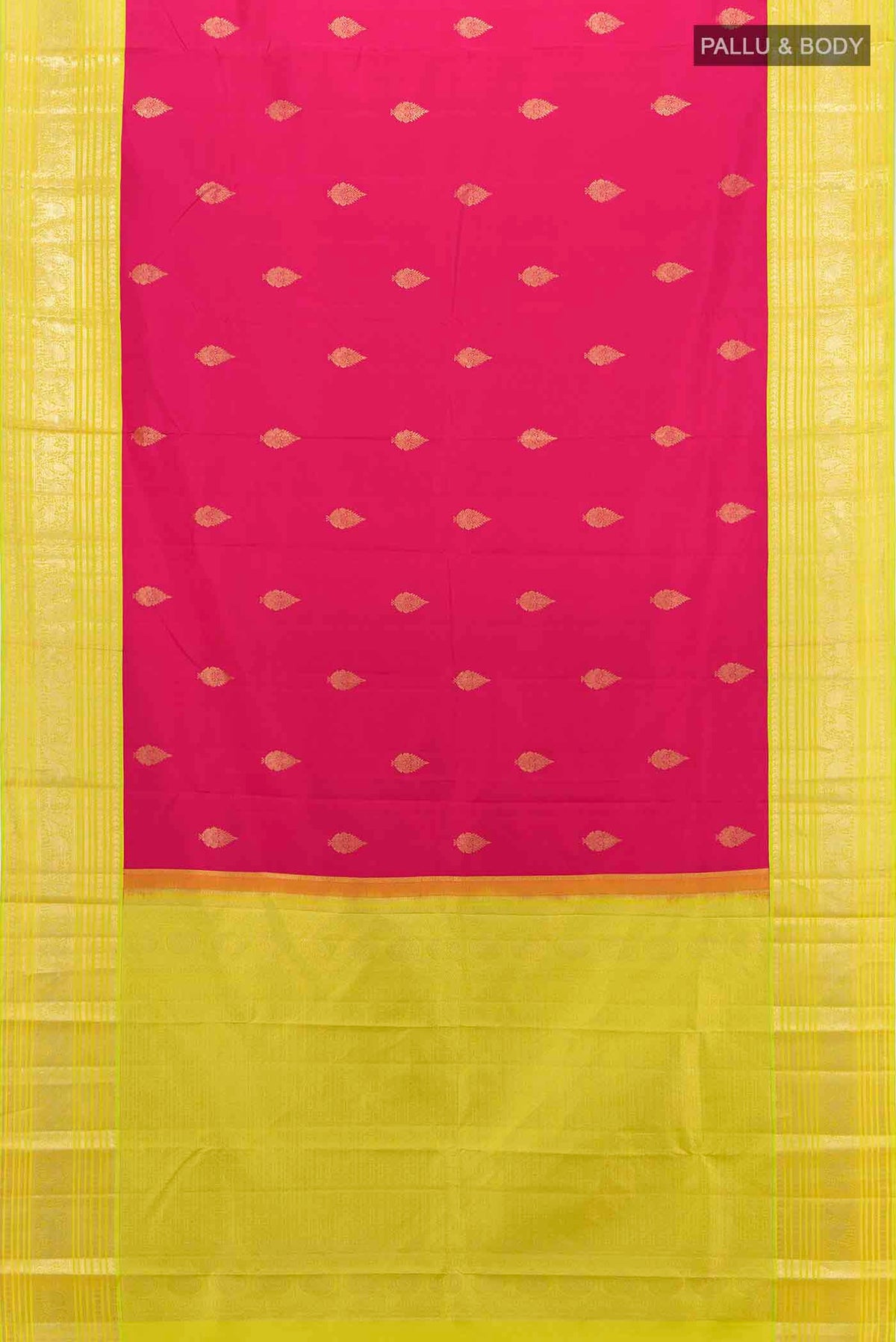 Flat view of Dark Pink Kanchipuram Silk Saree with Zari Butta on the body and Silk Border