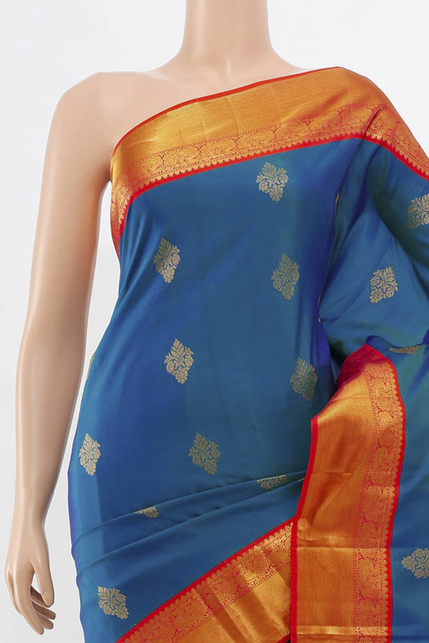Border image of Peacock Blue Kanchipuram Silk Saree with Zari Butta on the body and Silk Border. 