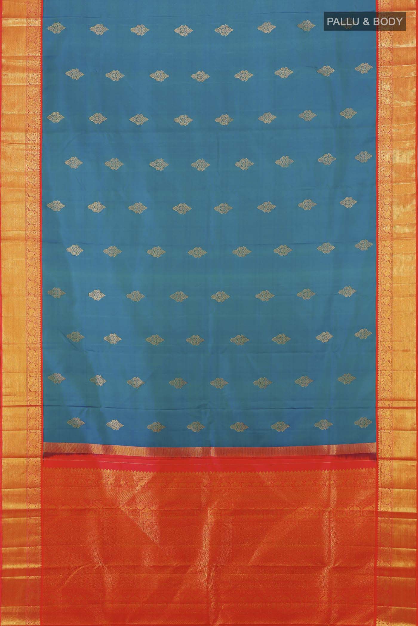 Flat view of Peacock Blue Kanchipuram Silk Saree with Zari Butta on the body and Silk Border. 