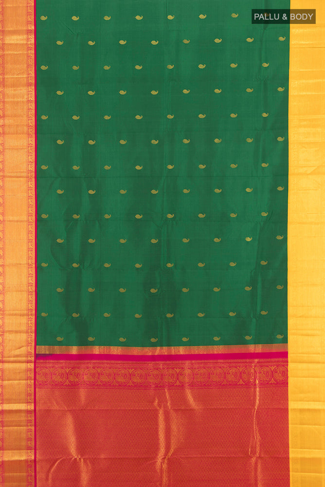 Flat view of Bottle Green Kanchipuram Silk Saree with Zari Butta on the body and Silk Border. 