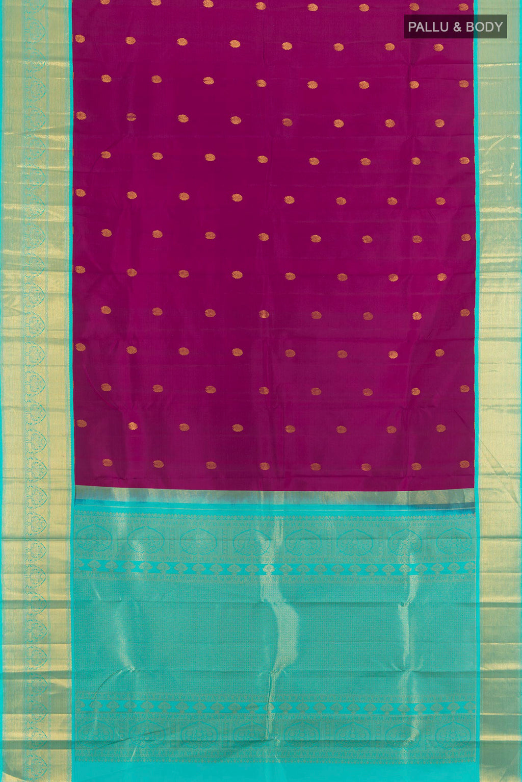 Flat view of Purple Kanjivaram Silk Saree with Zari Butta on the body and Zari Border. 