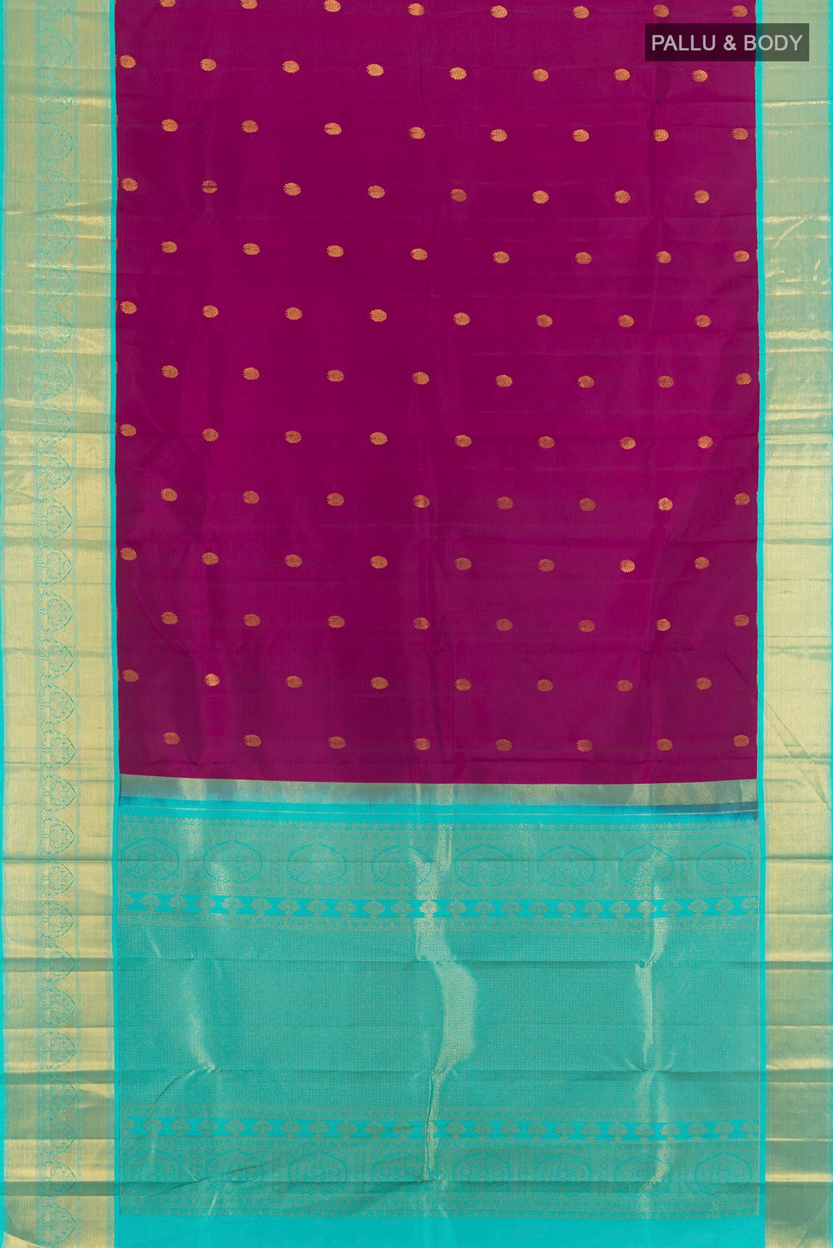 Flat view of Purple Kanjivaram Silk Saree with Zari Butta on the body and Zari Border. 