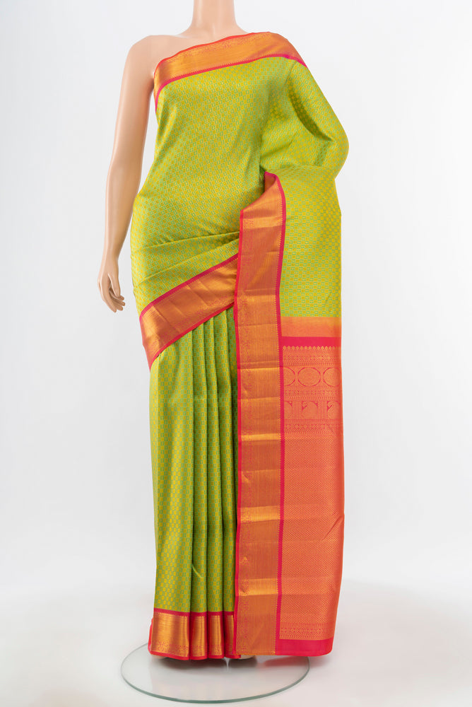Pure Silk Pure Zari Multi Color Kanjivaram Saree with Zari Butta on the body and Silk Border.  displayed on a mannequin