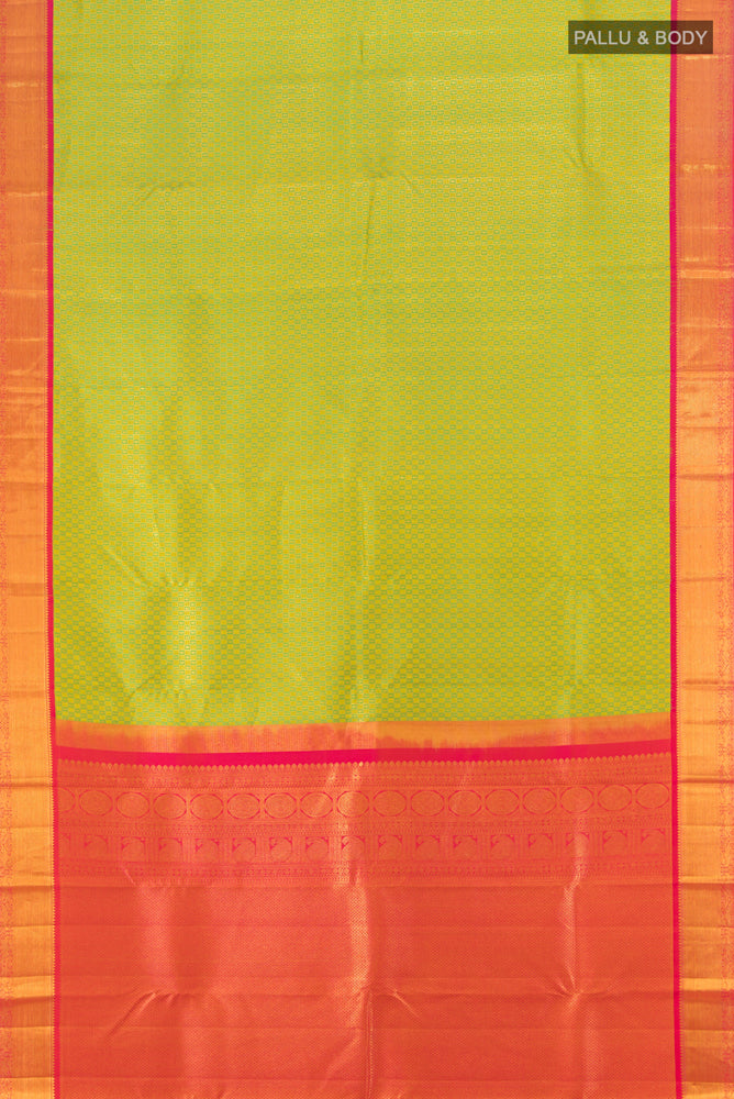 Flat view of Pure Silk Pure Zari Multi Color Kanjivaram Saree with Zari Butta on the body and Silk Border. 