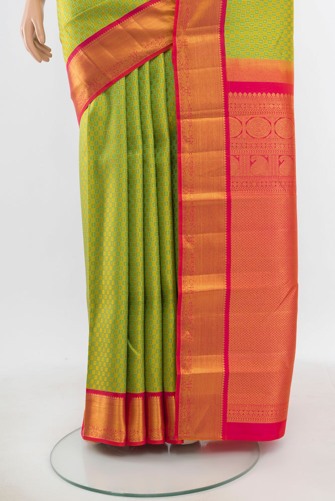 Pleats and pallu of Pure Silk Pure Zari Multi Color Kanjivaram Saree with Zari Butta on the body and Silk Border. 