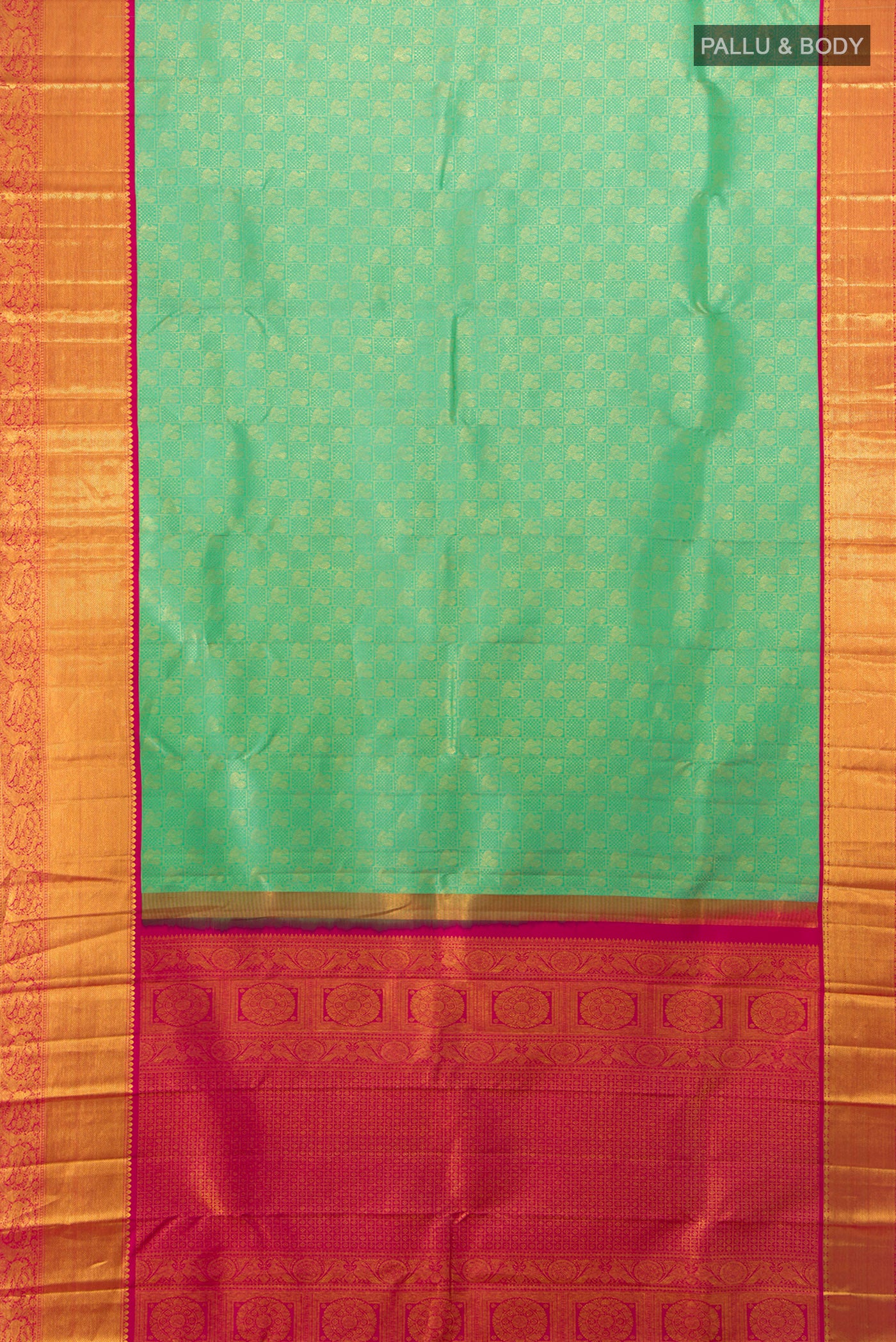 Flat view of Pure Silk Pure Zari Light Green Kanjivaram Saree with Zari Butta on the body and Silk Border. 