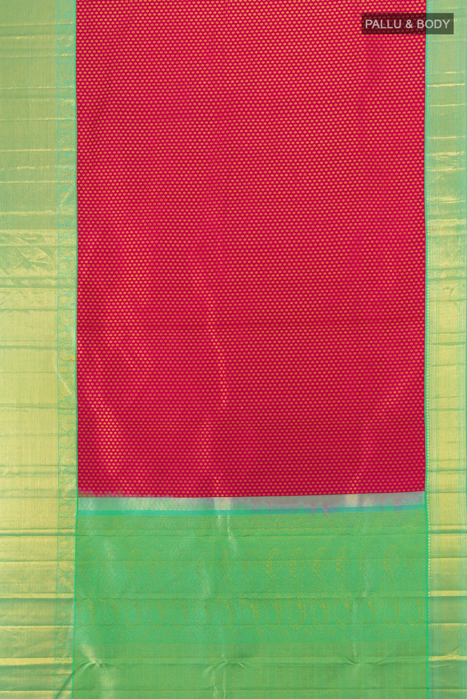 Flat view of Dark Pink Kanjivaram Silk Saree with Plain Body and Silk Border. 