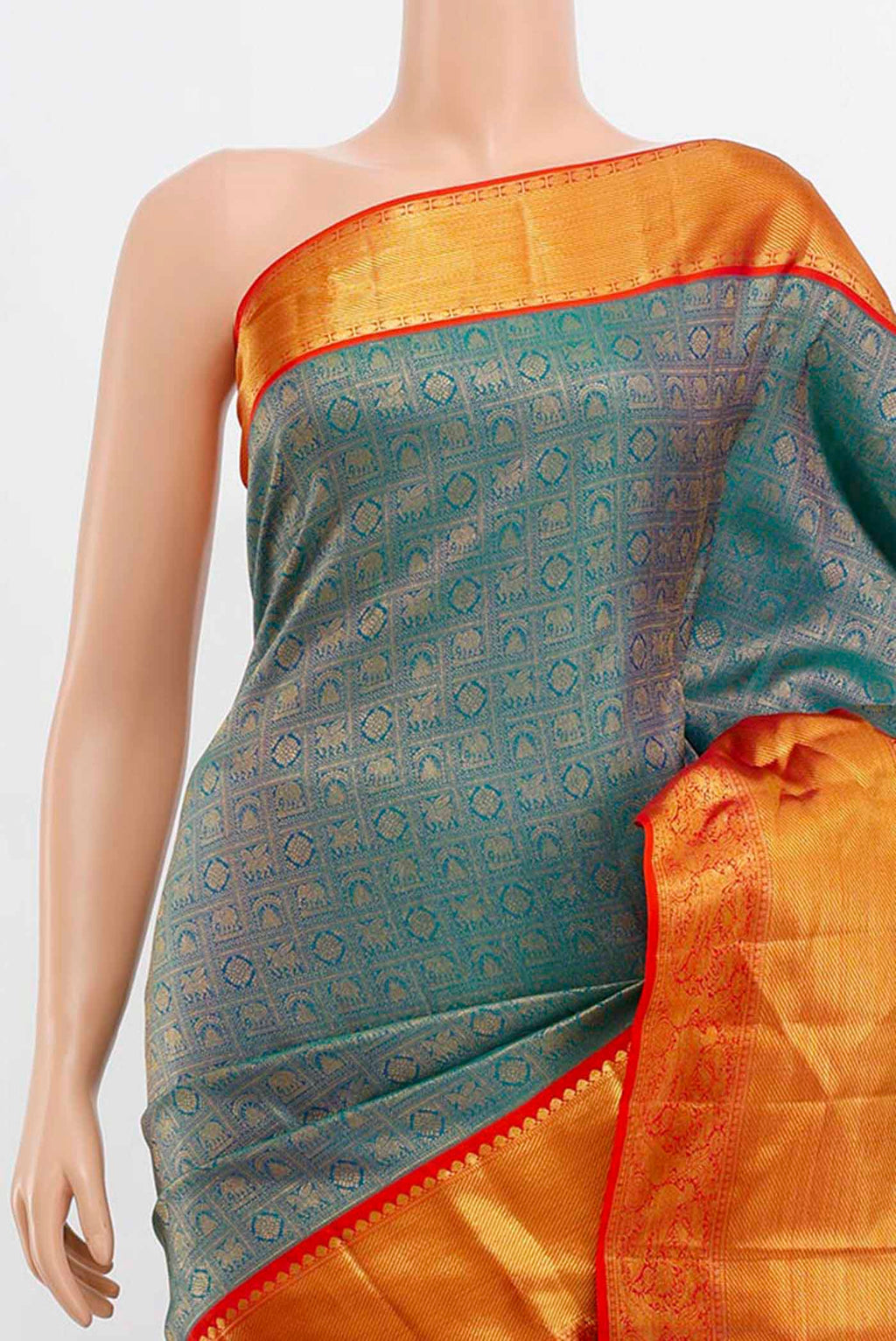 Border image of Peacock Blue Kanjivaram Silk Saree with Zari Butta on the body and Silk Border. 