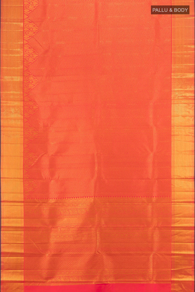 Flat view of Peach Kanjivaram Silk Saree with Zari Butta on the body and Silk Border. 