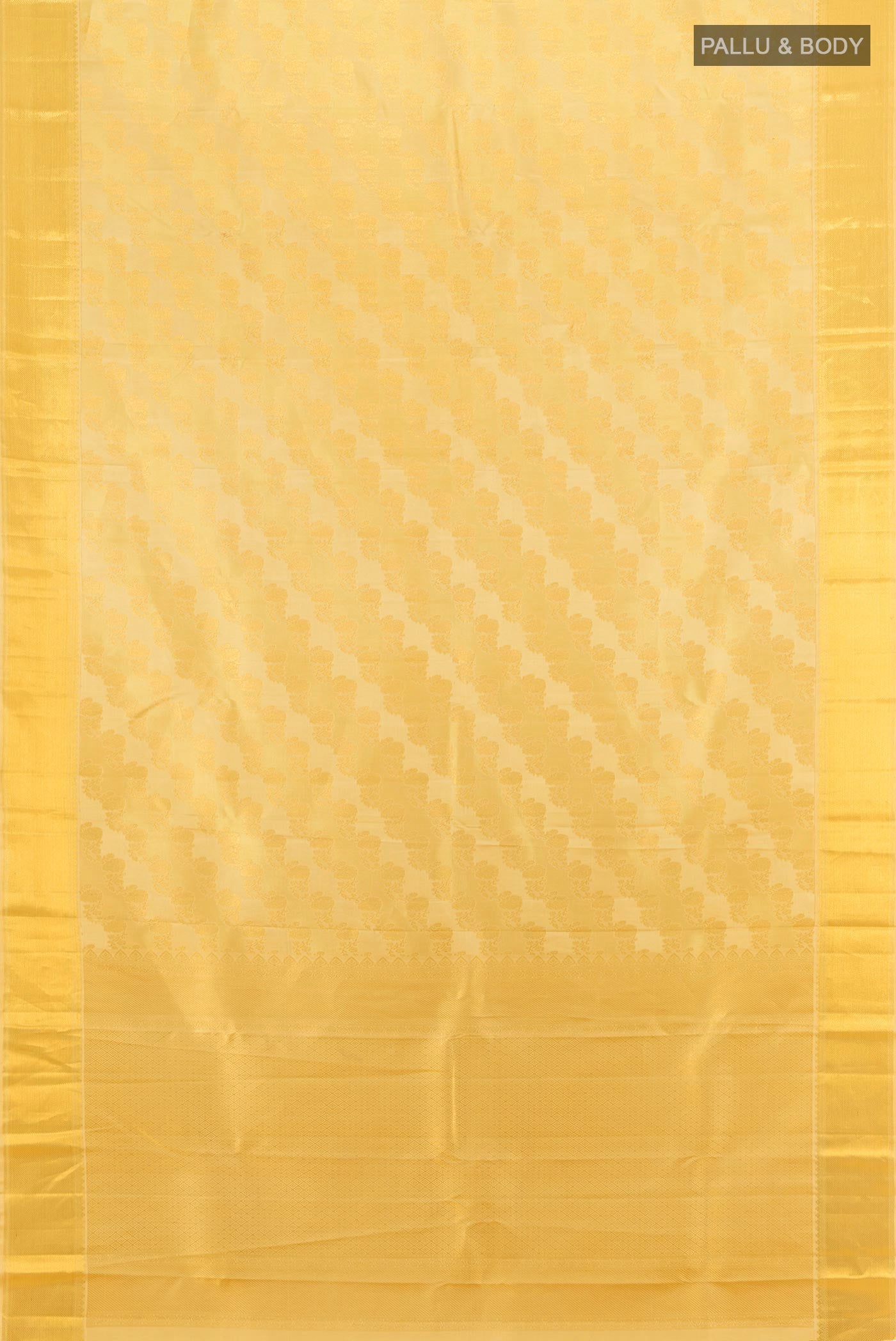 Flat view of Sandal Kanjivaram Silk Saree with Zari Brocade on the body and Zari Border. 