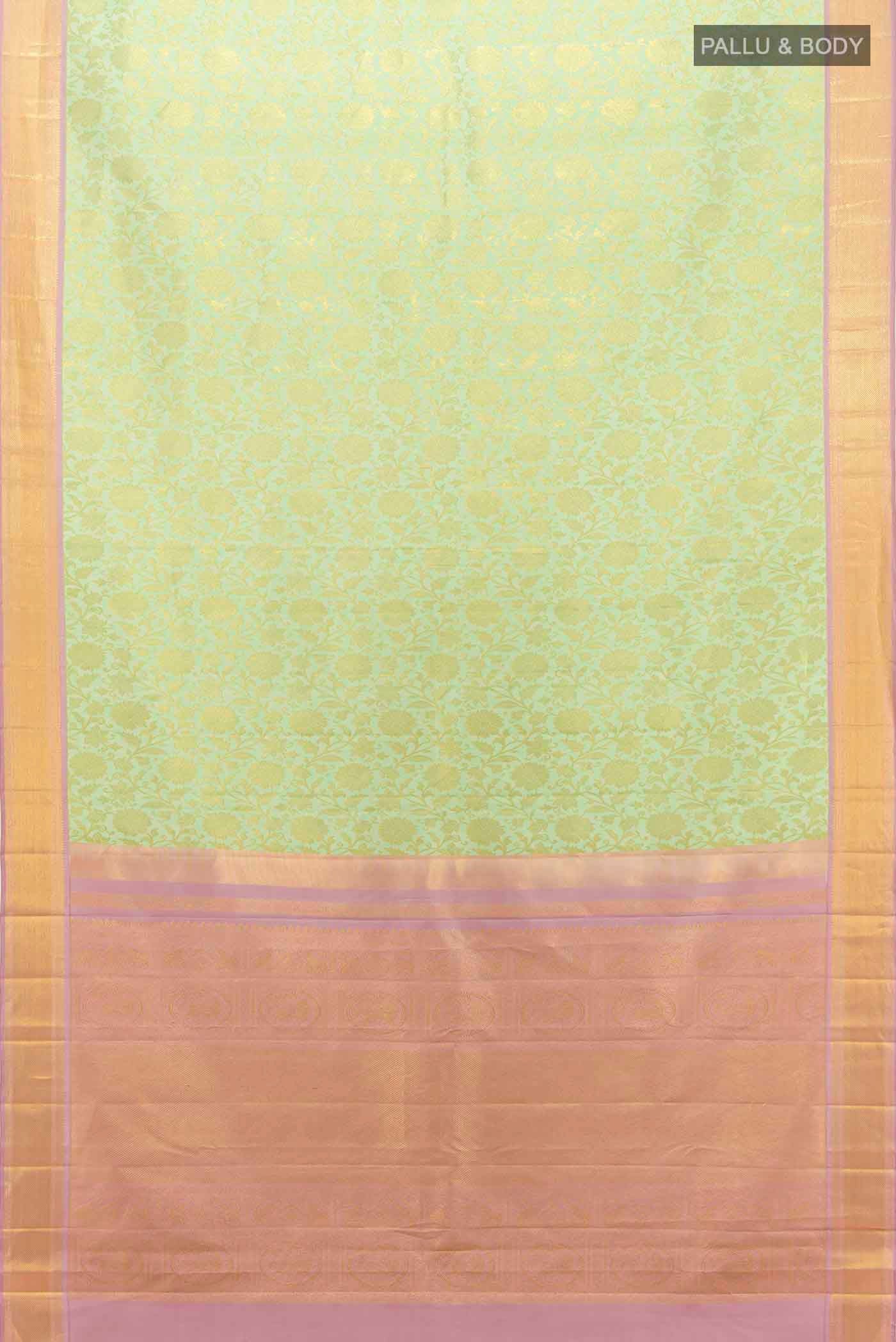 Flat view of Pista Green Kanchipuram Silk Saree with Zari Brocade on the body and Zari Border