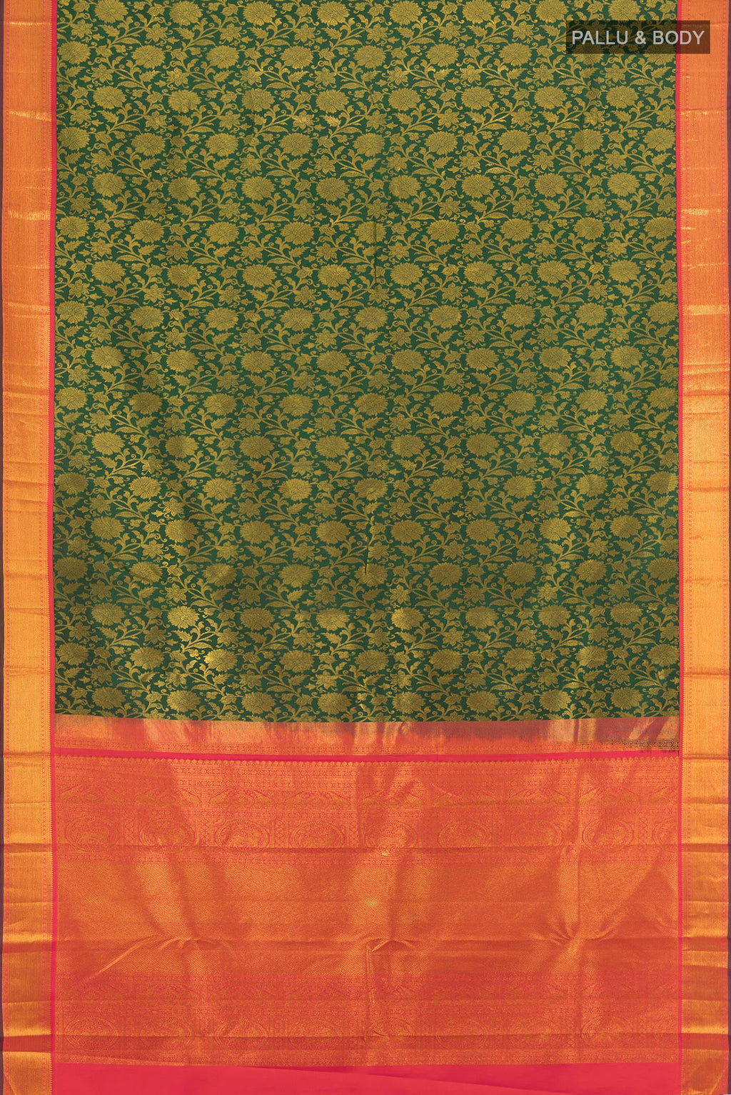 Flat view of Bottle Green Kanjivaram Silk Saree with Zari Brocade on the body and Zari Border. 