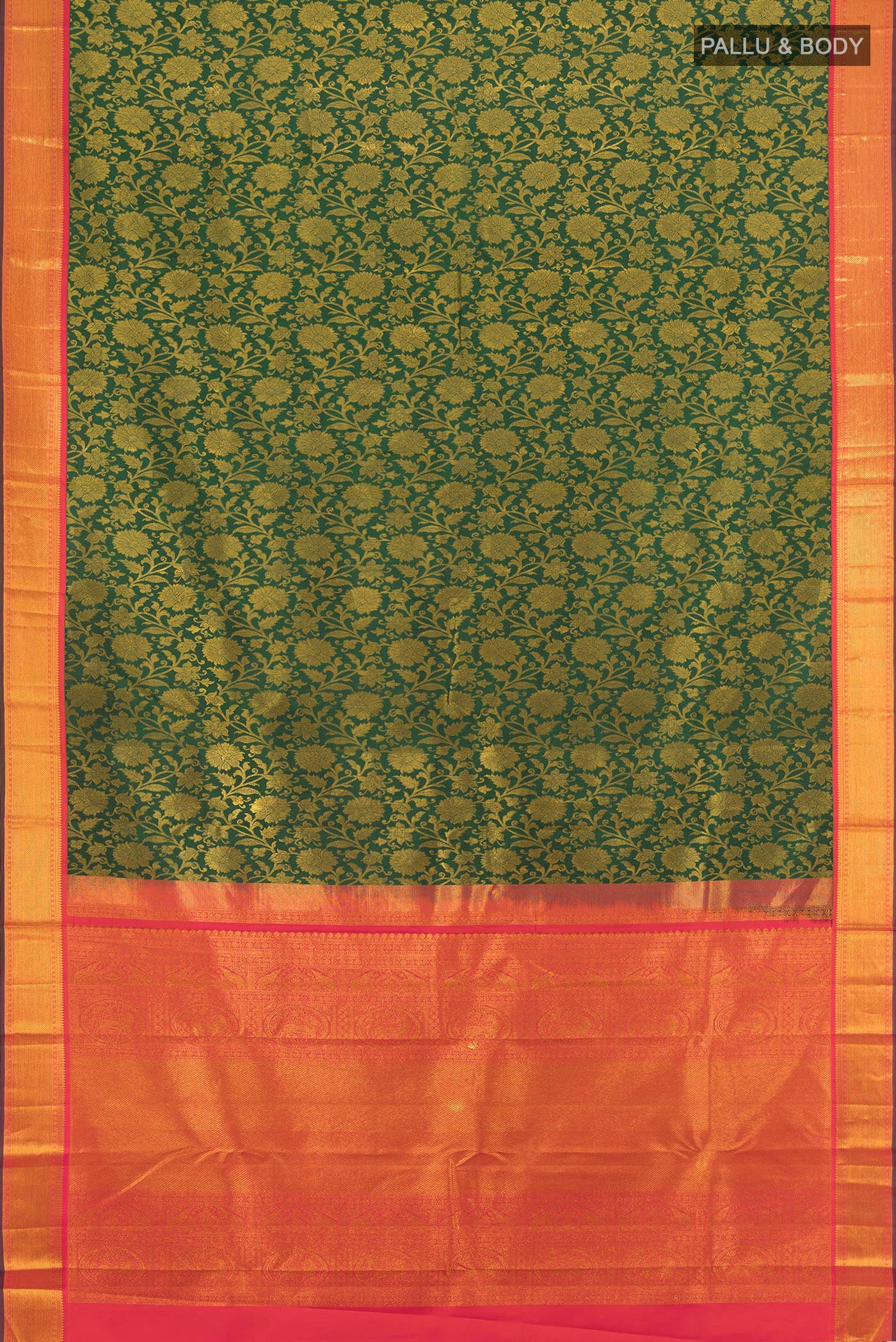 Flat view of Bottle Green Kanjivaram Silk Saree with Zari Brocade on the body and Zari Border. 