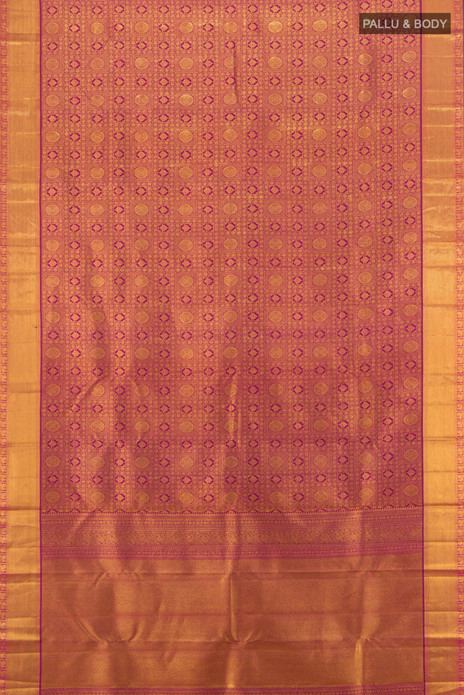 Flat view of Dark Pink Kanjivaram Silk Saree with Zari Butta on the body and Silk Border. 