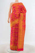 Multi Color Kanjivaram Silk Saree with Zari Butta on the body and Silk Border.  displayed on a mannequin