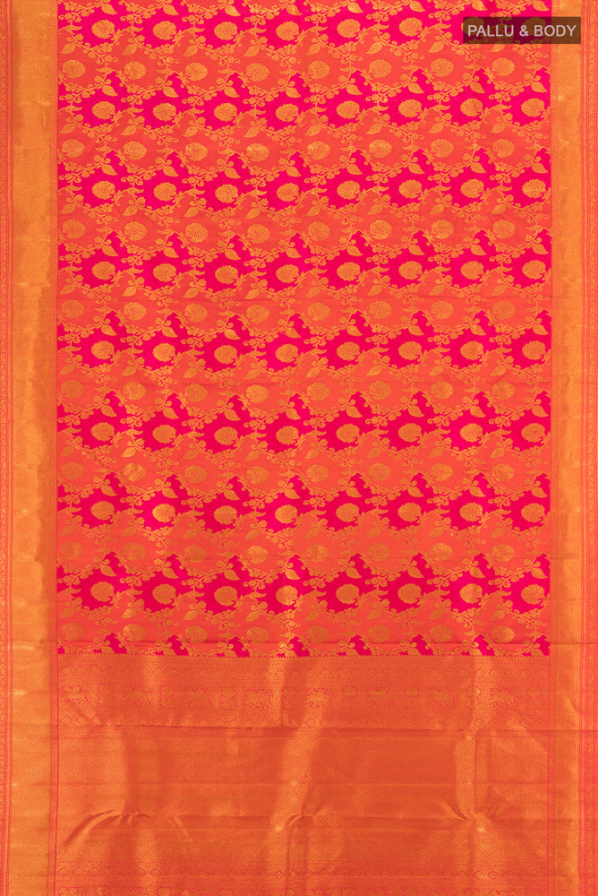 Flat view of Multi Color Kanjivaram Silk Saree with Zari Butta on the body and Silk Border. 