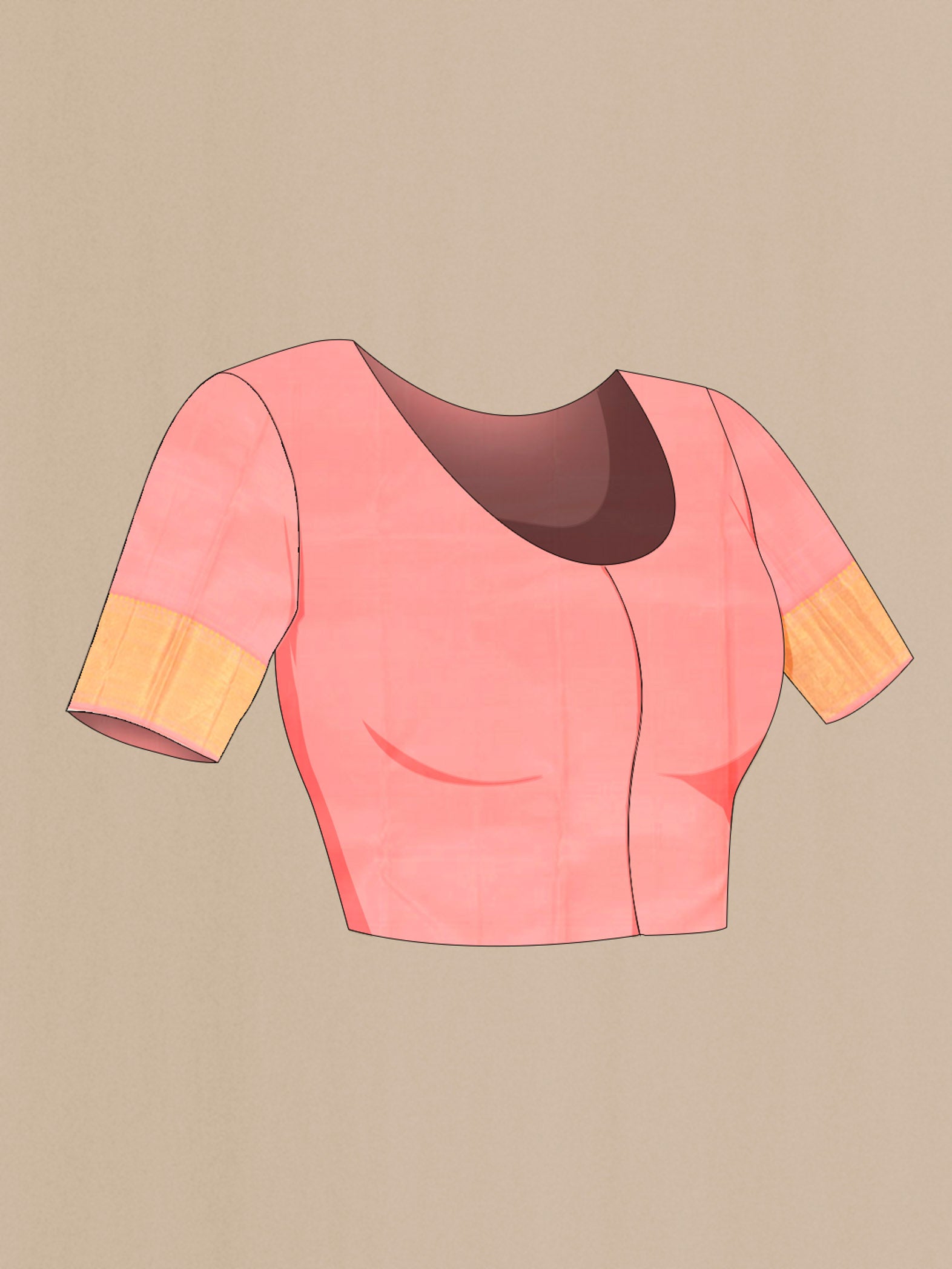 Close up image of the blouse of Rose Gold Kanjivaram Silk Saree with Zari Butta on the body and Silk Border. 