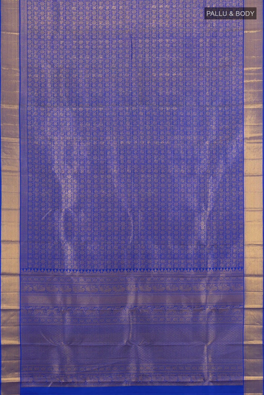 Flat view of Pure Silk Pure Zari Dark Blue Kanjivaram Saree with Zari Butta on the body and Silk Border. 