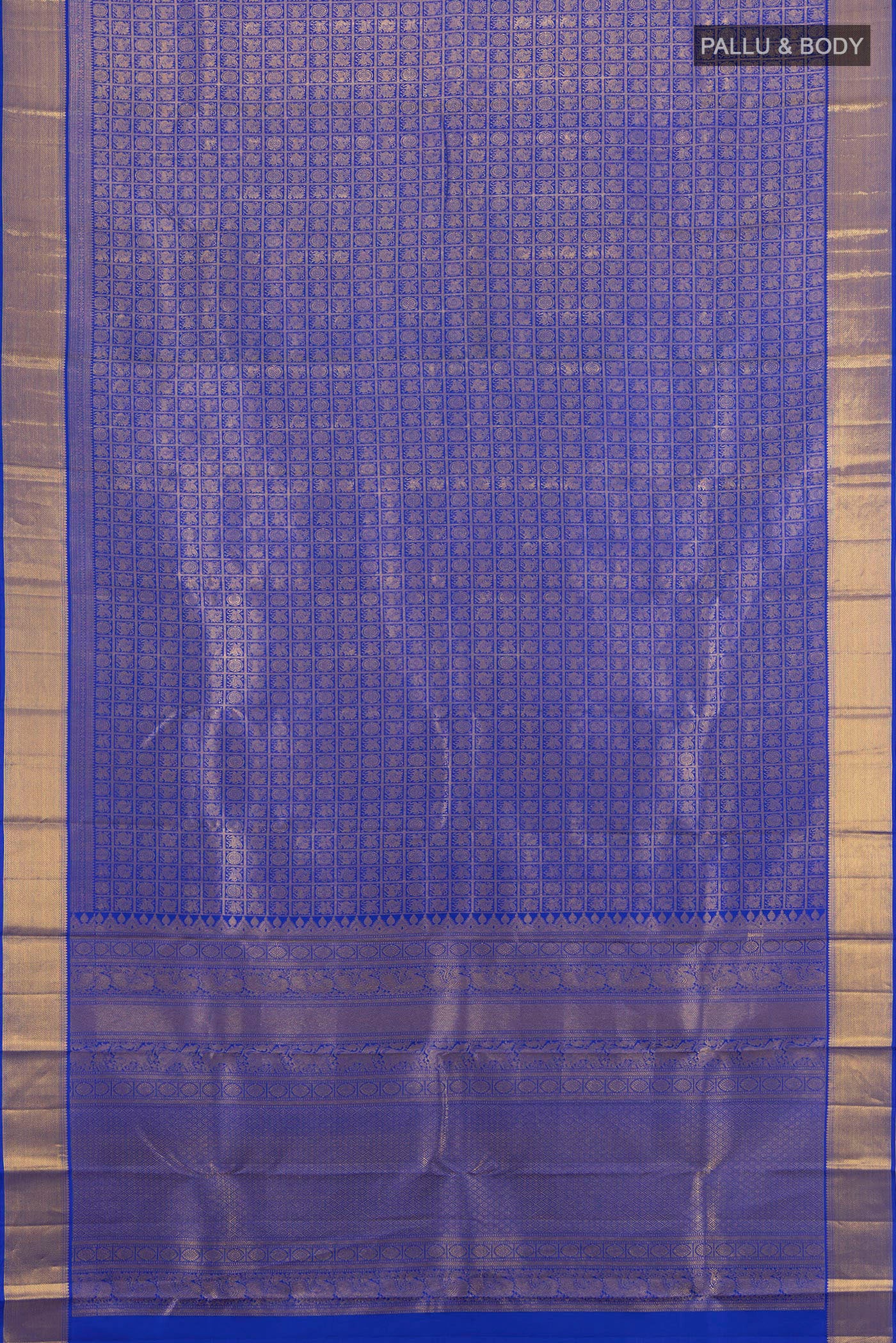 Flat view of Pure Silk Pure Zari Dark Blue Kanjivaram Saree with Zari Butta on the body and Silk Border. 