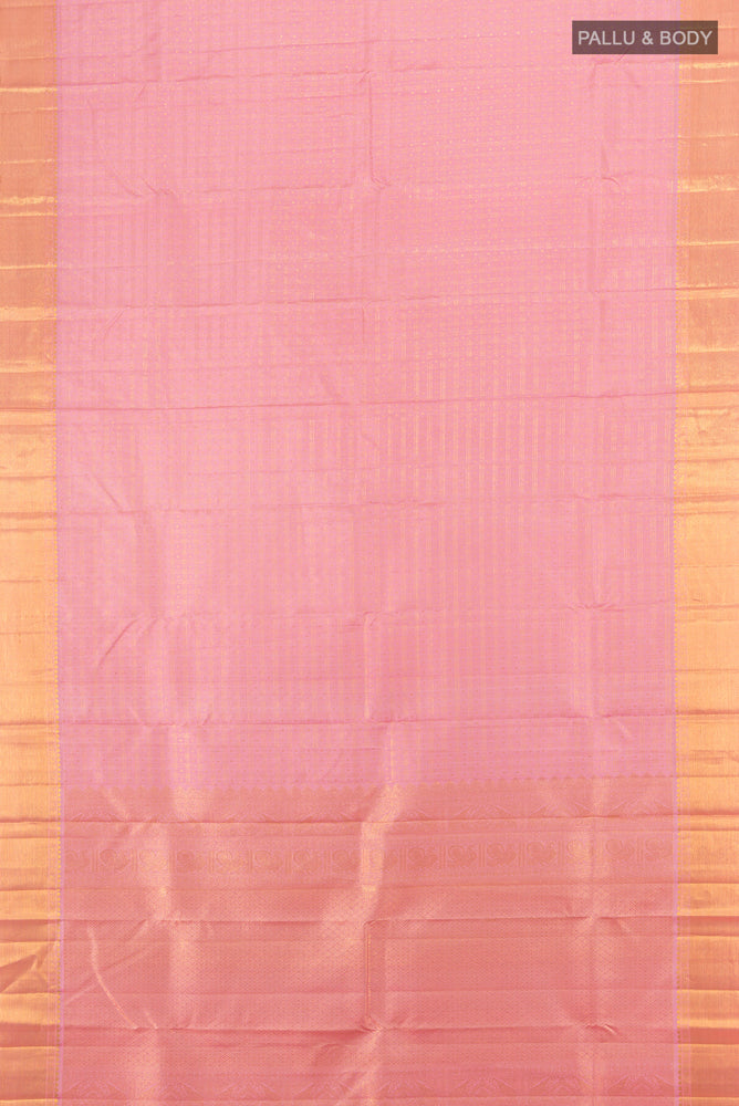 Flat view of Rose pink Kanjivaram Silk Saree with Zari Butta on the body and Silk Border. 
