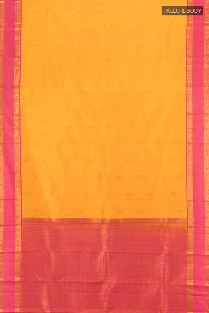 Flat view of Yellow Kanchipuram Silk Saree with Zari Butta on the body and Silk Border. 