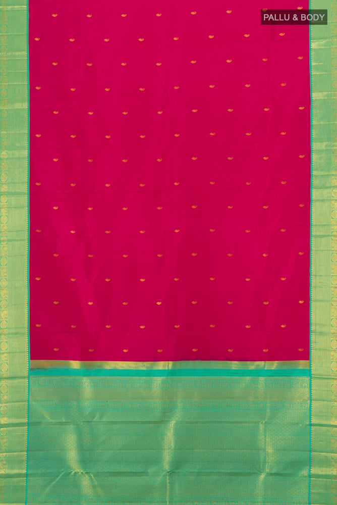 Flat view of Rani Pink Kanchipuram Silk Saree with Zari Butta on the body and Silk Border. 