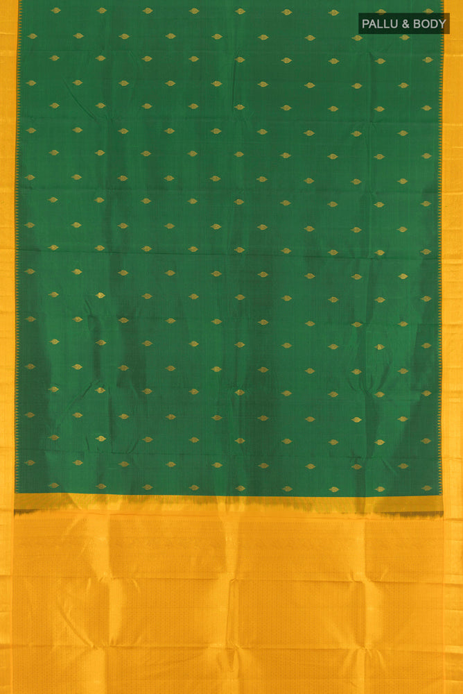 Flat view of Pure Silk Pure Zari Mint Green Kanchipuram Saree with Zari Butta on the body and Silk Border. 